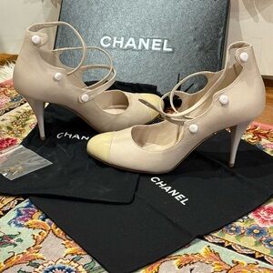 CHANEL Cream Leather Heels with Button Detail